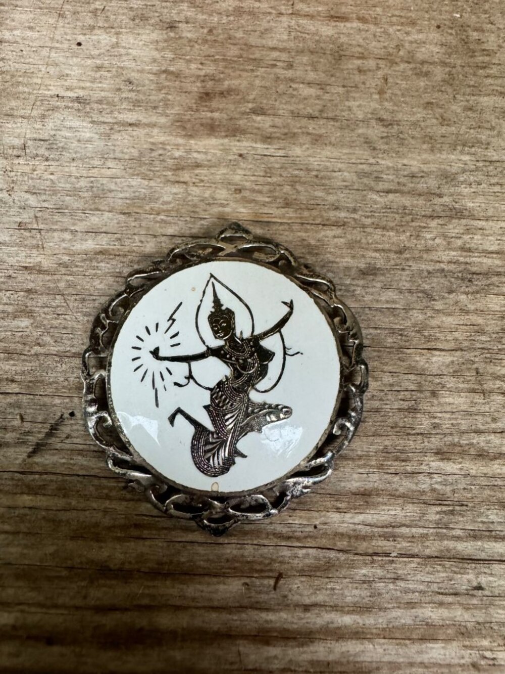 Siam Sterling Silver White Enamel Dancing Figure Brooch 1.75” Thailand